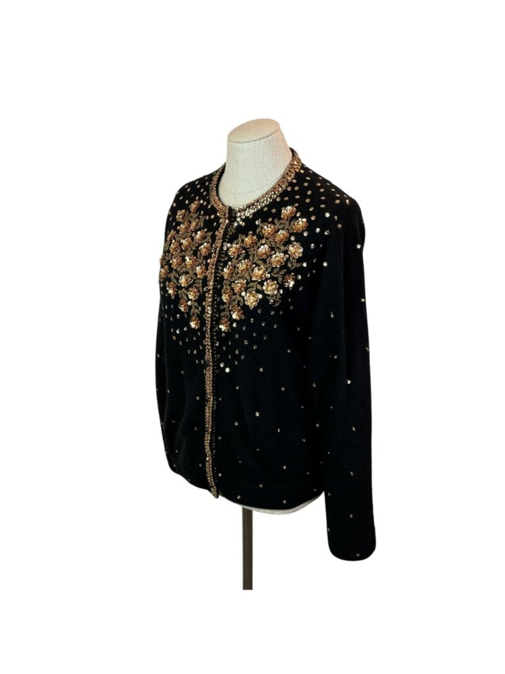 Vintage Black Cardigan Beaded With Gold Floral Embellishments & Sequins 48 - Picture 6 of 10